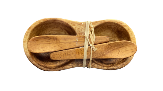 Acacia Wood Salt and Pepper Dish with Two Spoons